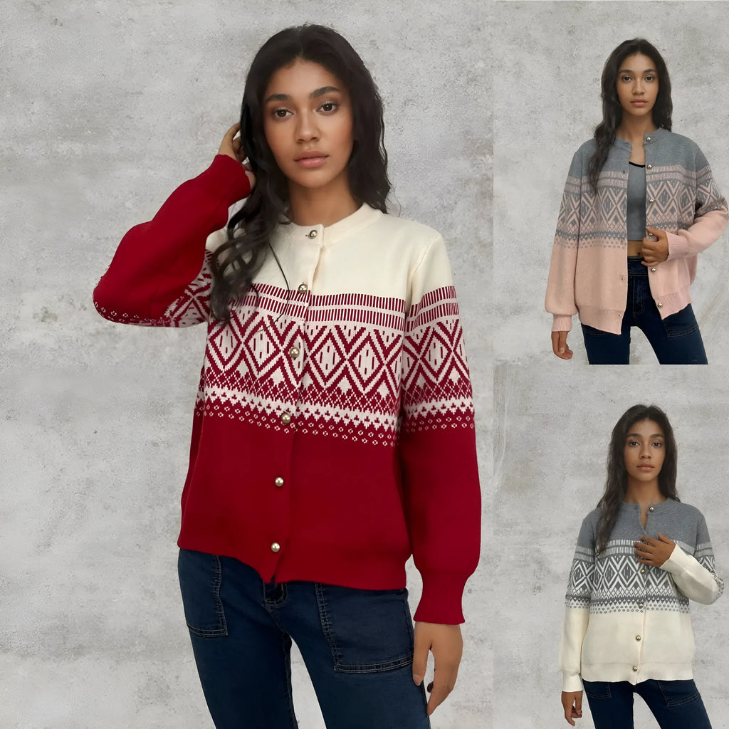 Women's grey alpaca wool cardigan with diamond knit and contrast colour block design