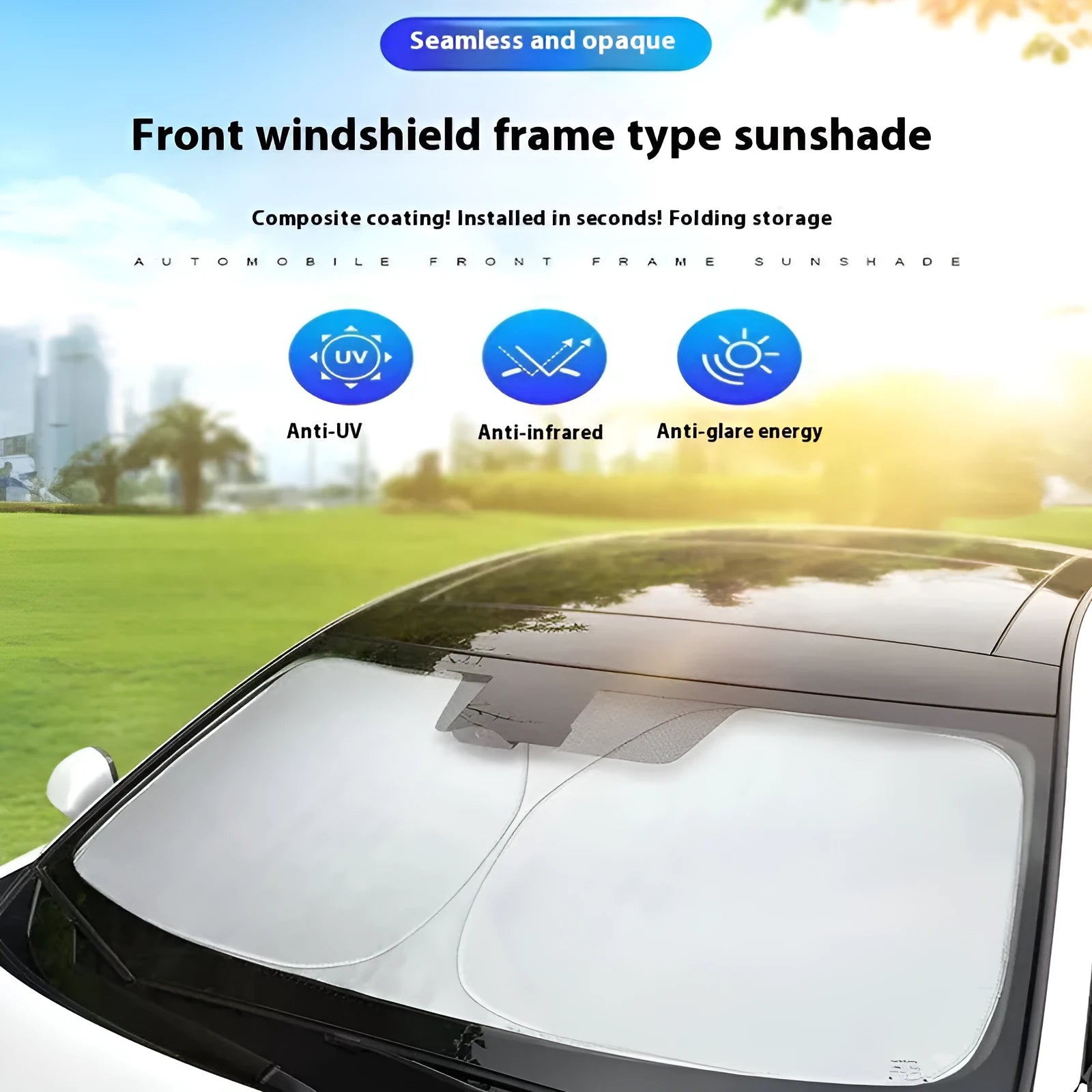 Titanium silver aluminium foil car sunshade for windscreen heat and UV protection.