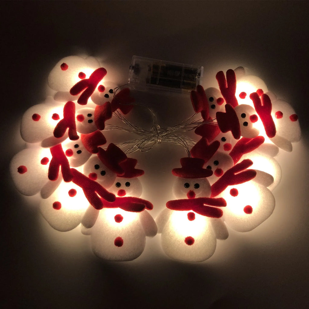 Snowman and elk deer LED Christmas string lights garland in warm white, with remote control.