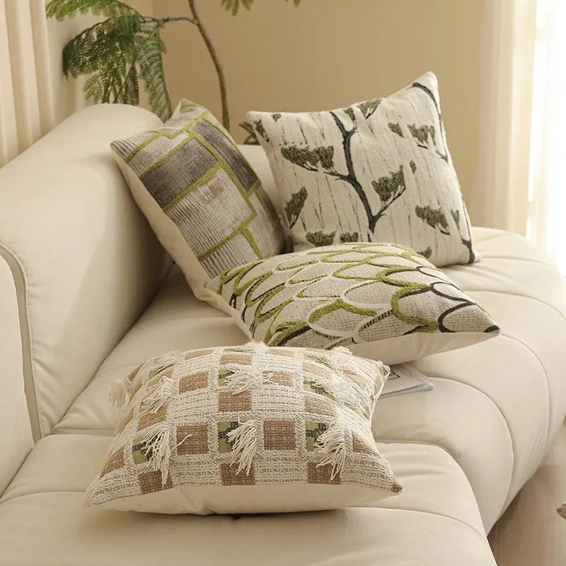 Yarn-dyed Jacquard sofa pillow cover with plant and flower pattern in a 45x45cm square.