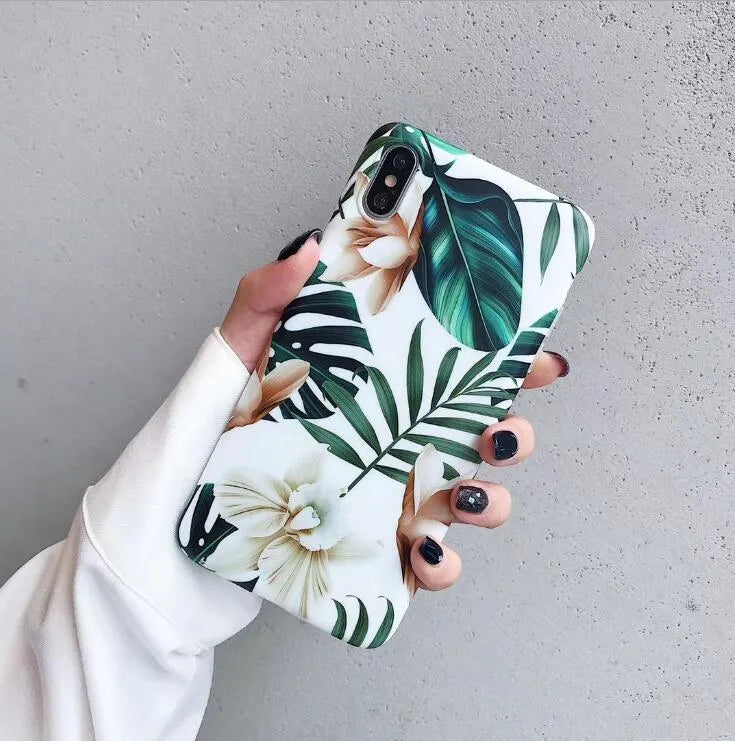 Green banana leaf and floral pattern on a soft TPU iPhone case for models like XS Max and XR.