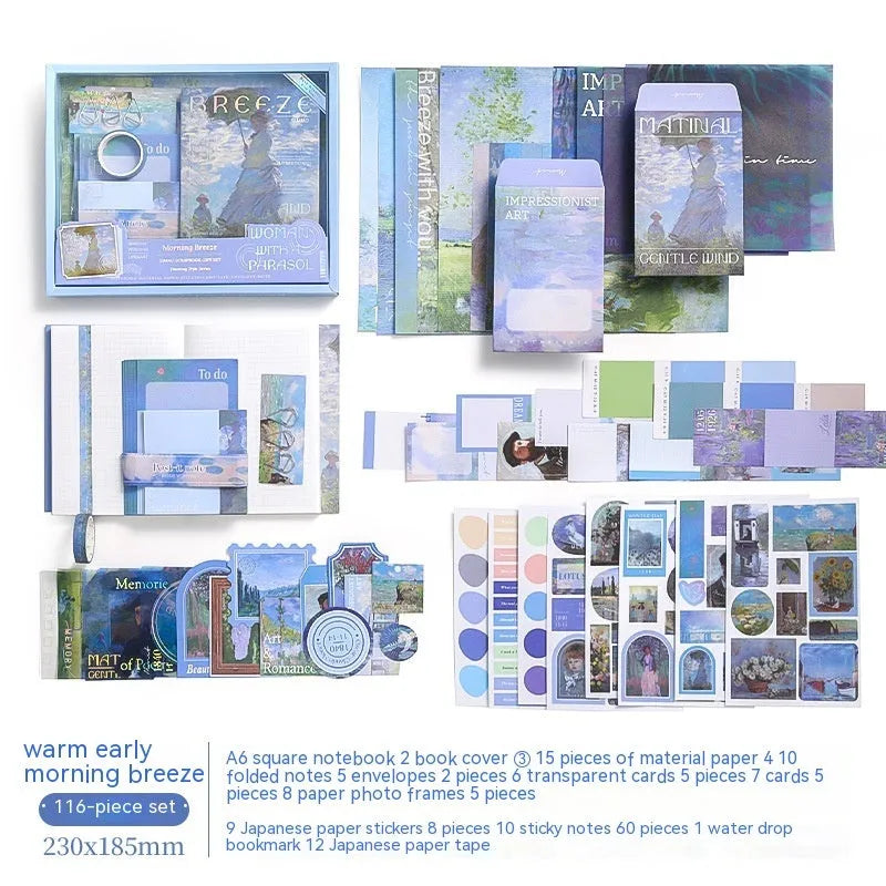 Creative journal gift box containing A6 grid notebook with bookclothes, paper sheets, cards, photo frames, stickers, and stationery accessories
