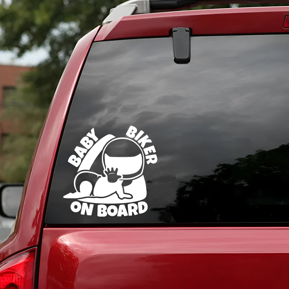 Black and white reflective Baby On Board vinyl car sticker for rear window, 14.5 by 15 cm