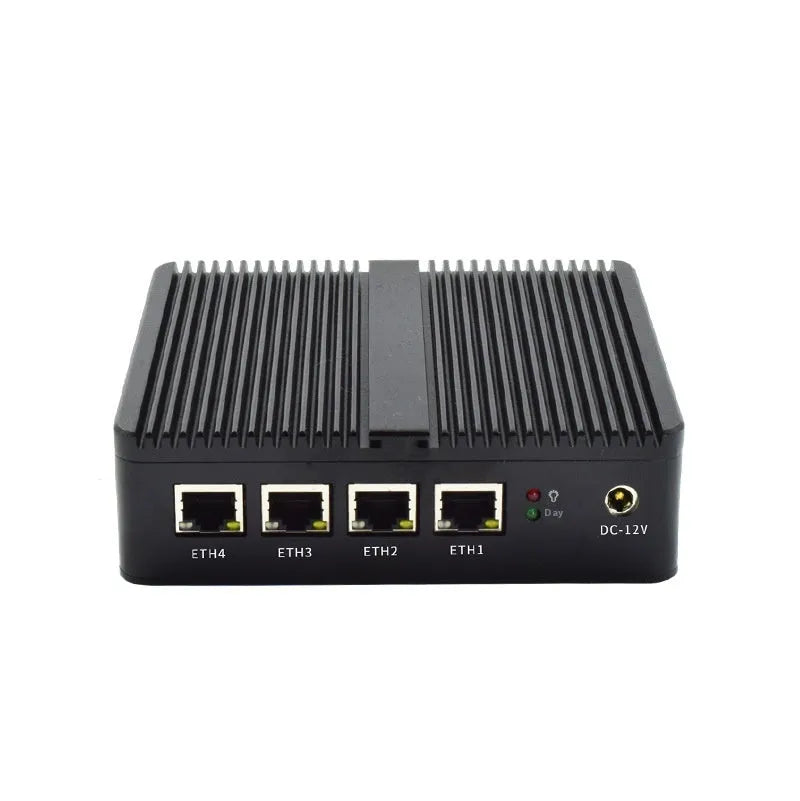 Industrial fanless mini PC microcomputer measuring 13.6 by 12.7 by 4 centimetres with dual network ports
