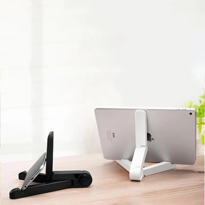 Black foldable aluminium tablet holder showing adjustable angles and flat-folded profile