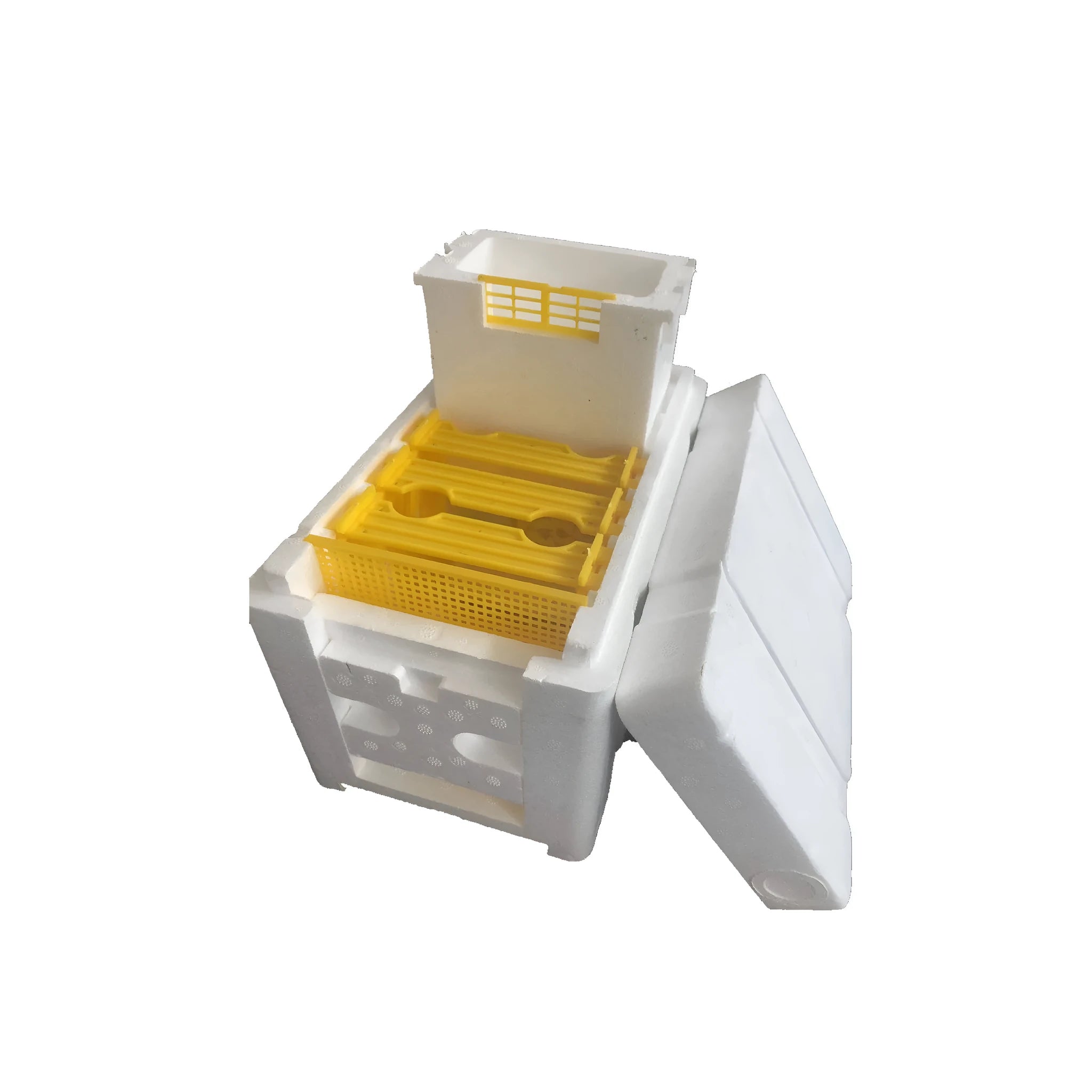 Three white EPS foam bee breeding boxes for hive mating and pollination procedures
