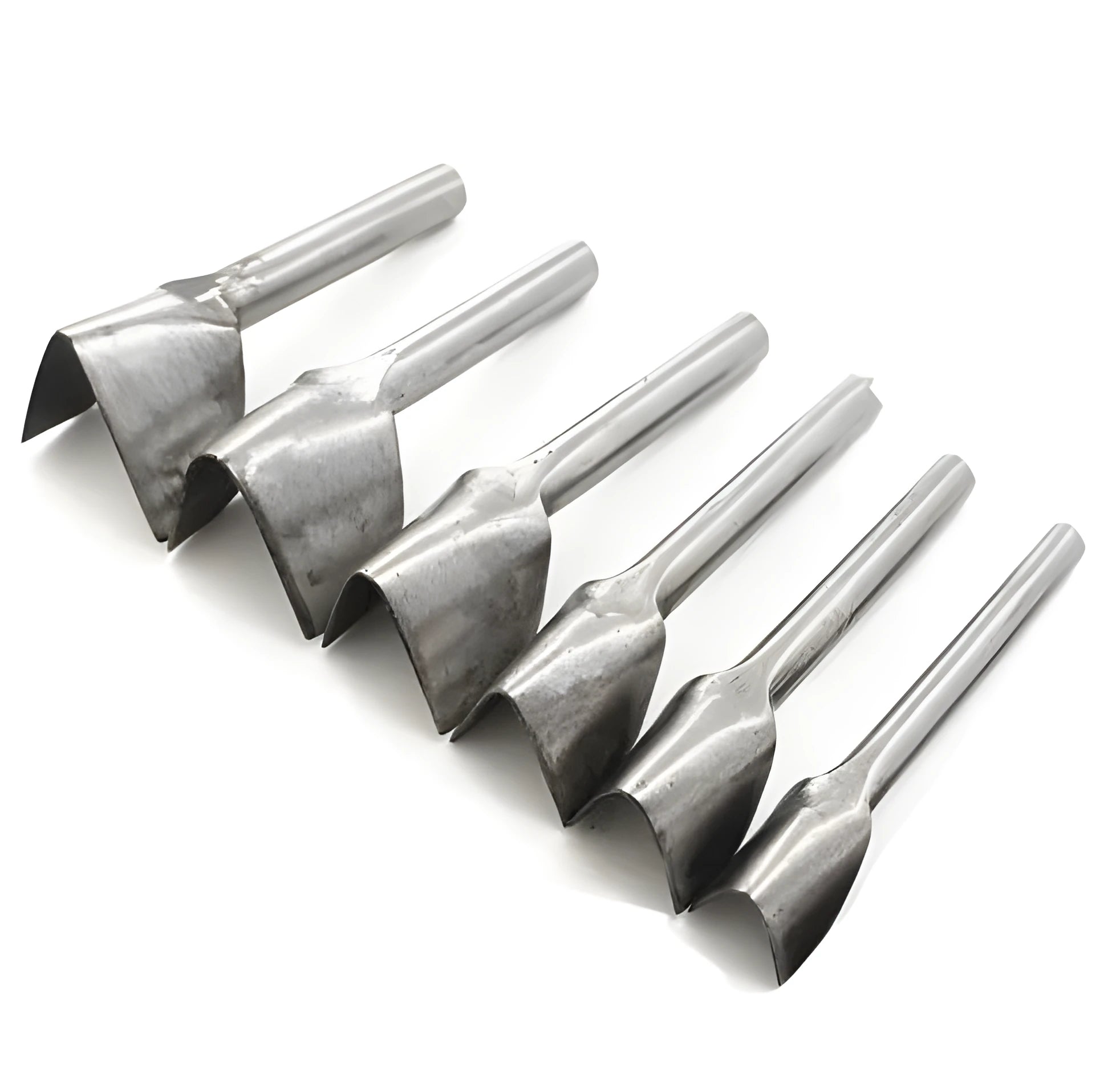 Six steel leatherworking punch tools in half-round and V shapes, sizes 15mm 20mm 25mm 30mm 35mm 40mm.