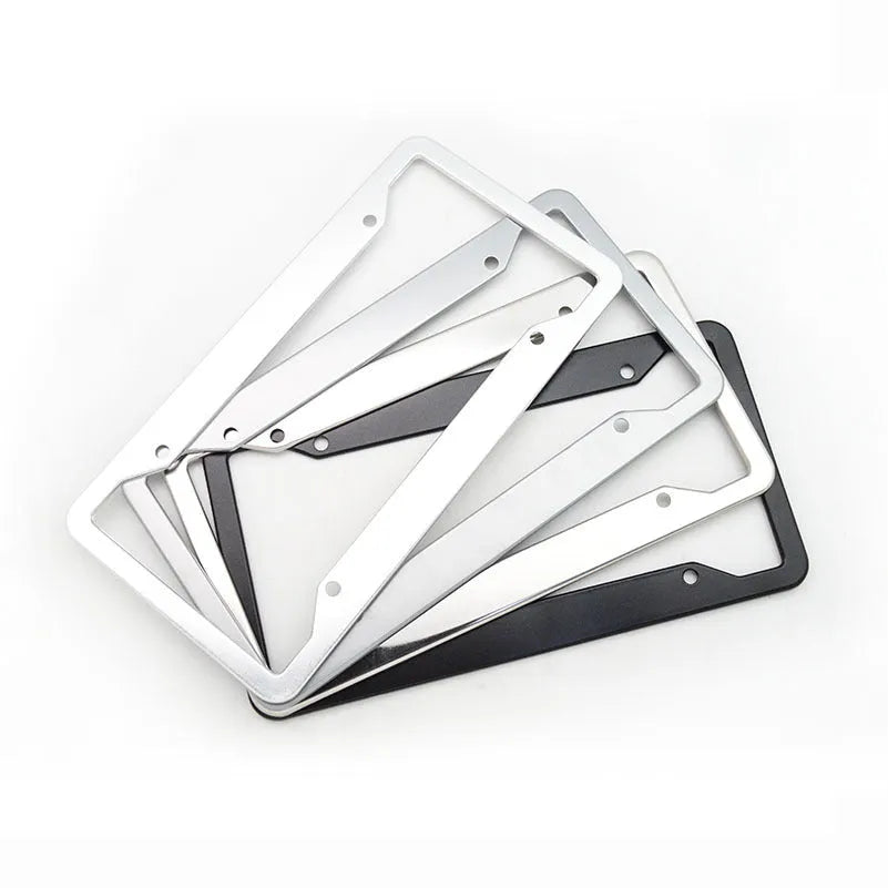 Aluminium alloy licence plate frame in black, light grey, sandblasted silver, or stainless steel finish