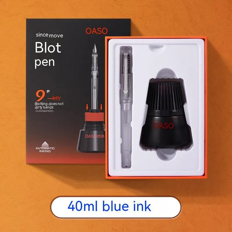 Automatic suction pen student writing set with plastic shell, two pen head sizes, and ink colour options
