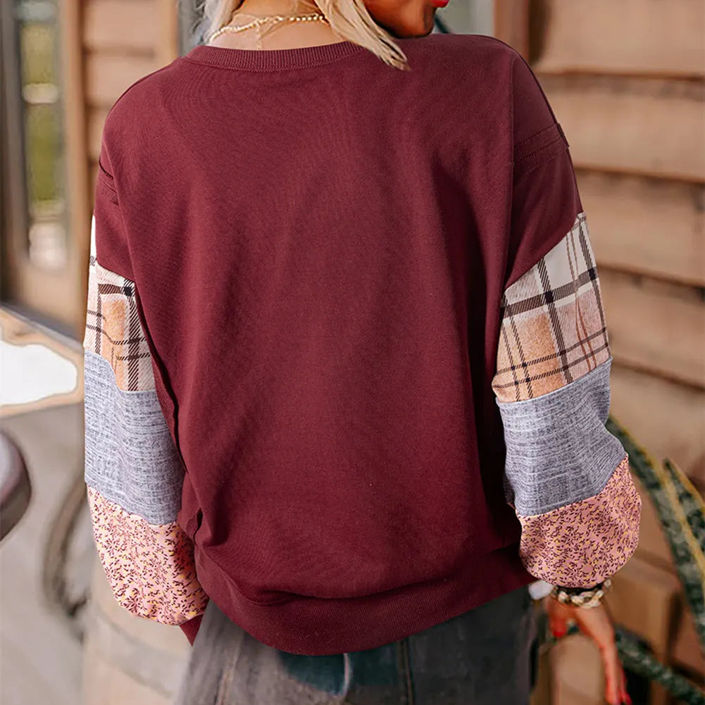 Women's apricot and red plaid stitch long sleeve loose fit casual polyester top