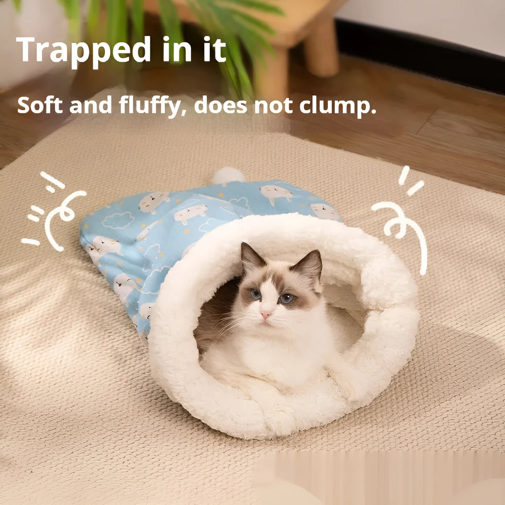 Cat sleeping bag nest measuring 50x40cm with flannel fabric in blue rabbit design