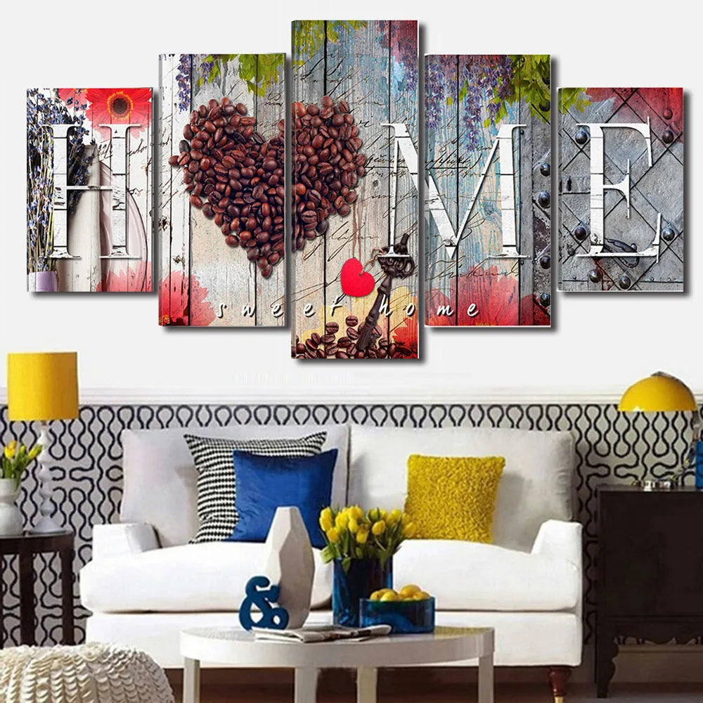 Set of five red oil painting texture canvases in different sizes for home wall decoration