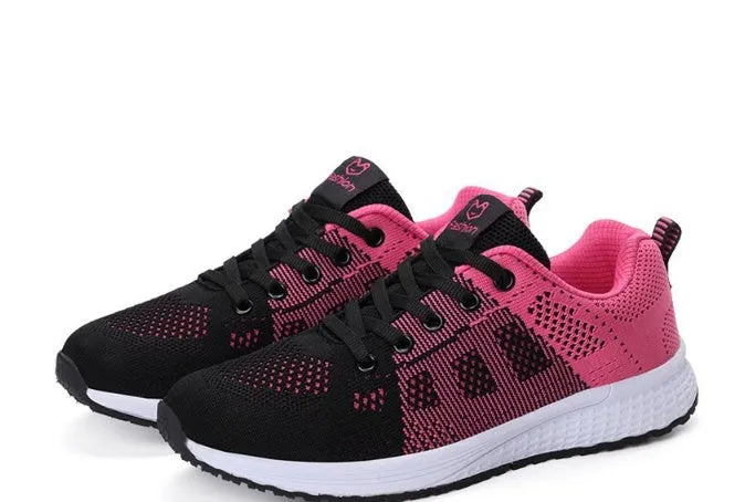Women's breathable mesh sports shoes in black, pink or rose red with flat heel and MD sole, sizes EU 35-39