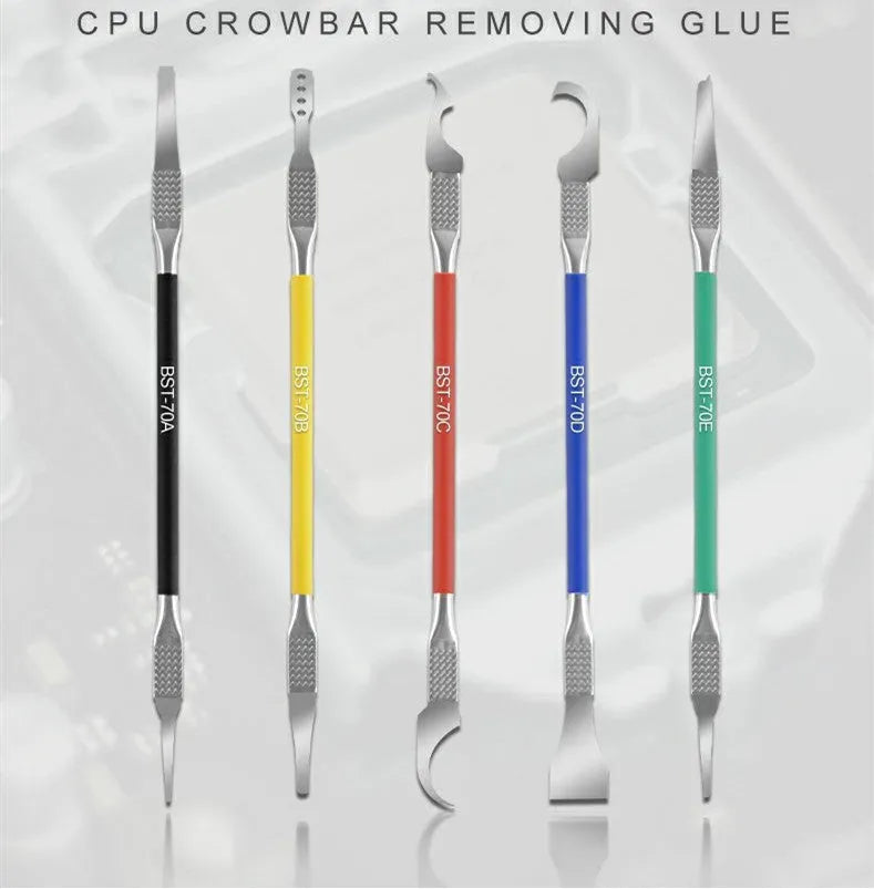 Five piece stainless steel disassembling tool set for plastic component removal with thin blade