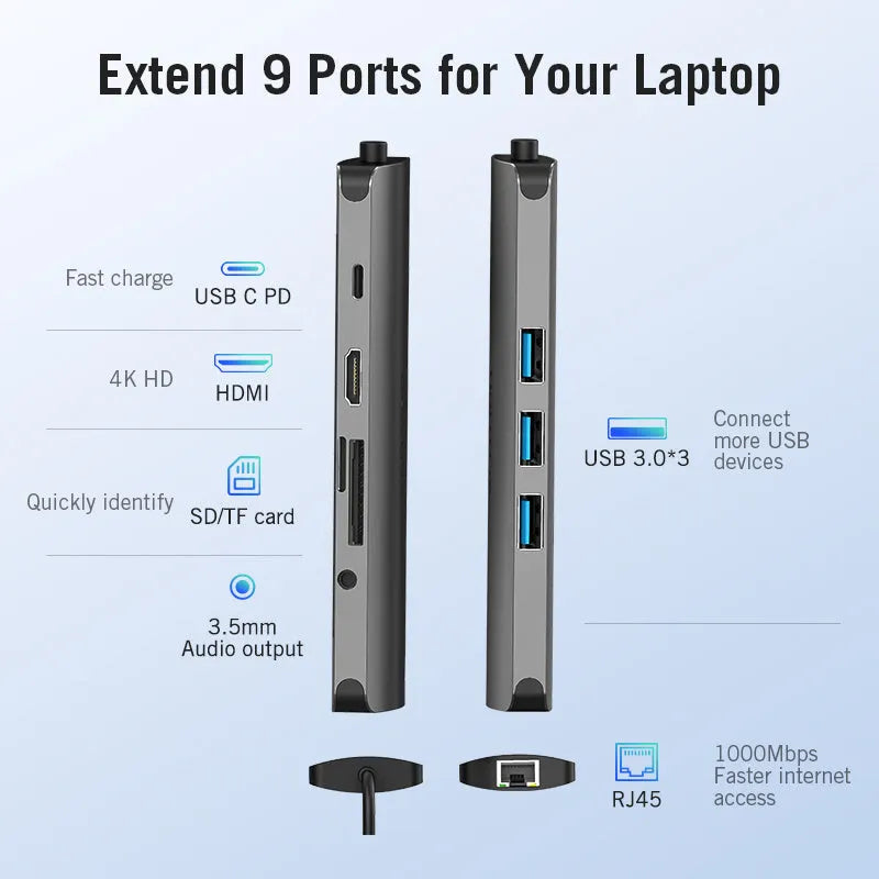 Deep grey USB-C to 6-in-1 hub showing HDMI, USB, Ethernet, SD, and TF card ports on a slim aluminium body.