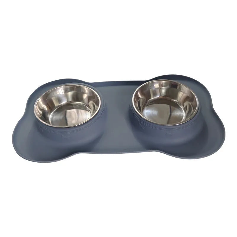 Large double compartment silicone dog bowl with stainless steel base in blue colour