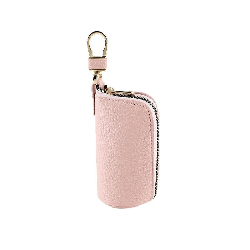Men's waterproof PU zipper key ring organiser in black, grey, and pink macaron colours