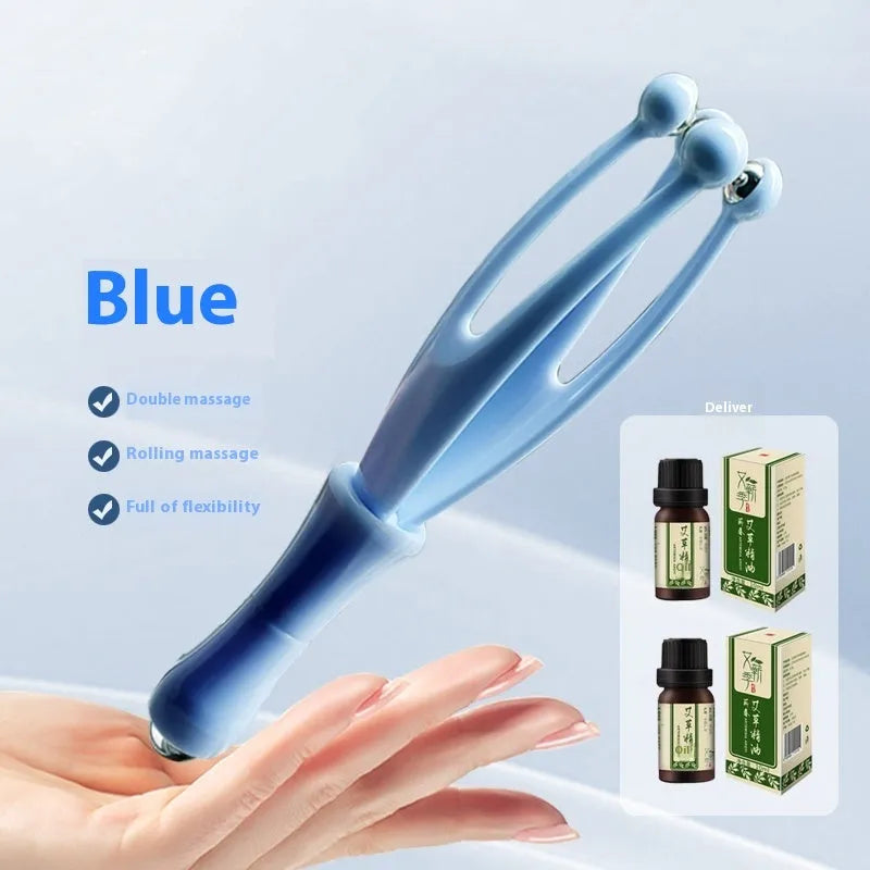 Blue and white finger massager with steel balls for hand joint rolling therapy