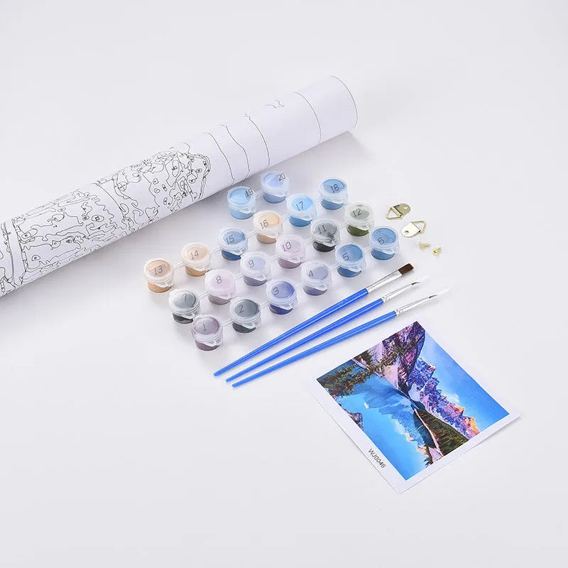 DIY digital oil painting kit showing sea view villa pattern on 40x50cm canvas with acrylic paints and brushes