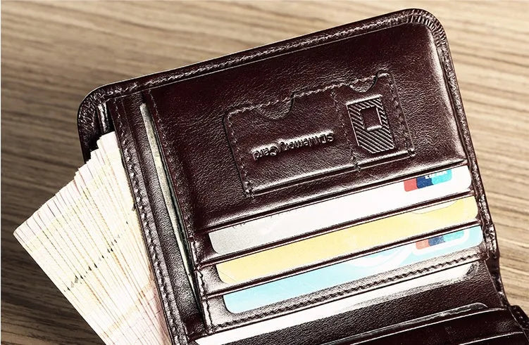 Men's leather wallet open showing photo holder, card slots, banknote folder, and hidden zippered compartment.