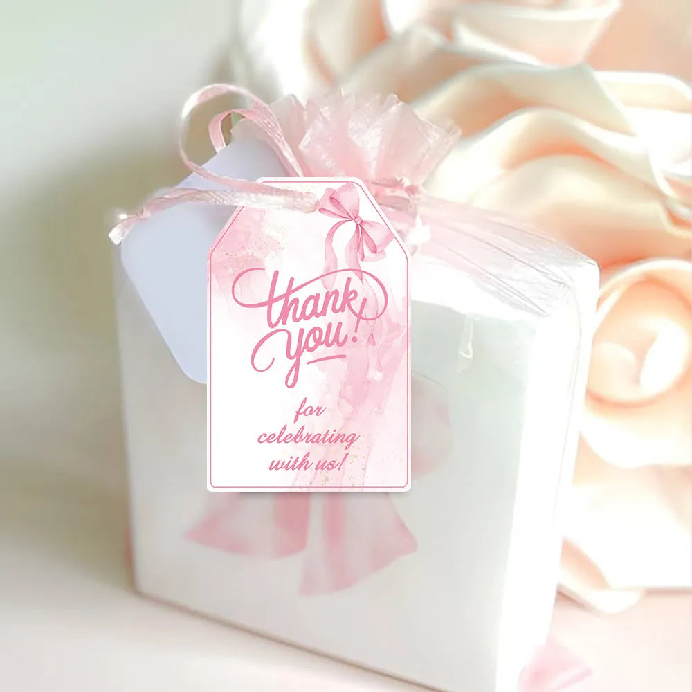 Sixty paper birthday gift tags with bowknot designs and natural hemp rope ties in three decorative styles.