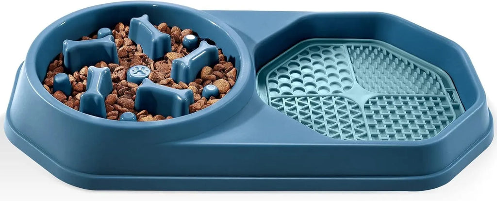 Blue slow feeder dog bowl with puzzle ridges and non-slip base, shown with dog kibble.
