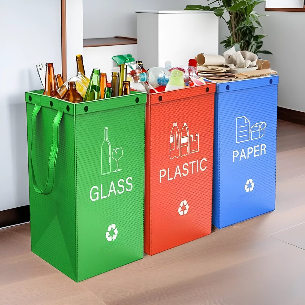 Blue waterproof handbag-style rubbish bin with 40L capacity and clean design