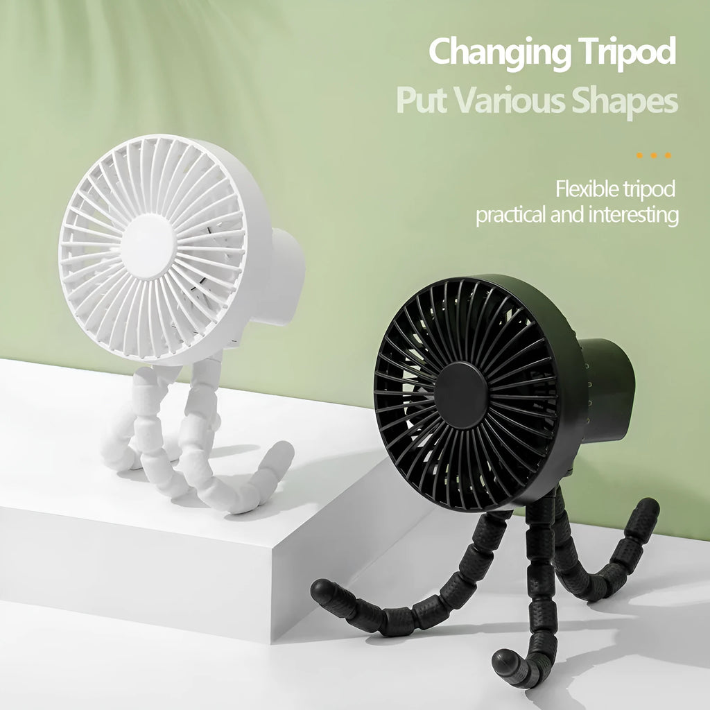 Small adjustable desktop fan with bending head on octopus tripod base in various colour options