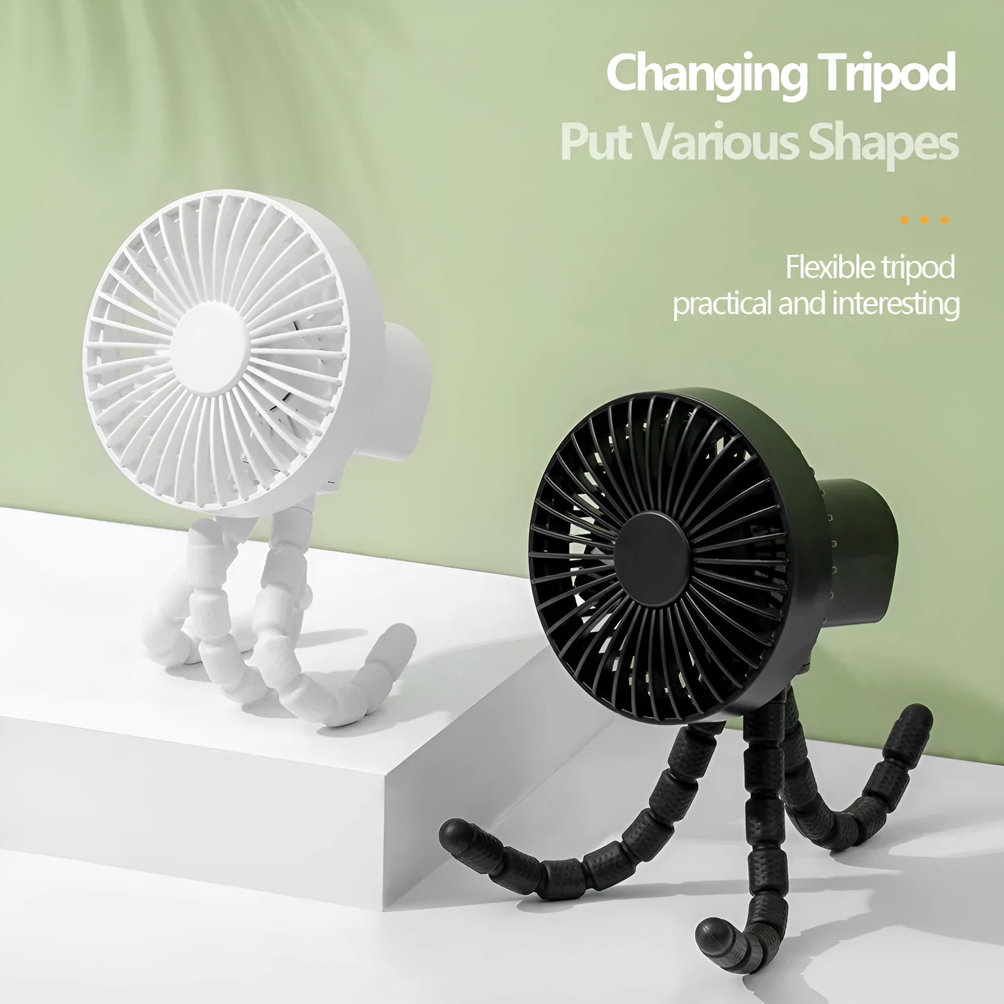 Small adjustable desktop fan with bending head on octopus tripod base in various colour options