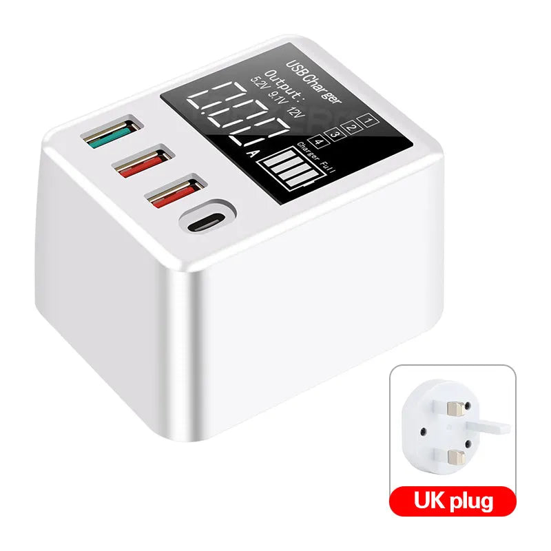 White 4-port USB travel charger with LED display showing output numbers, with UK plug pins.