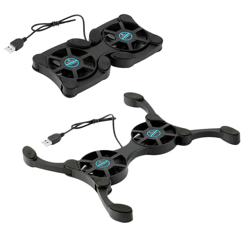 Black folding laptop cooling pad with two 70mm fans, USB powered, for 7-15 inch notebooks