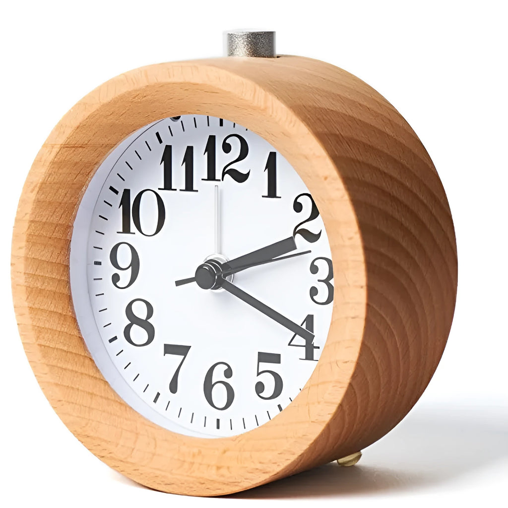 Solid beech wood silent snooze alarm clock with 4-inch dial on wooden surface