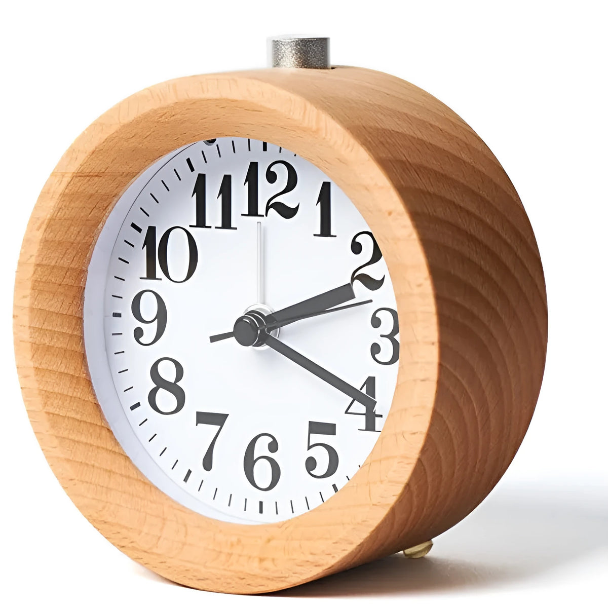 Solid beech wood silent snooze alarm clock with 4-inch dial on wooden surface