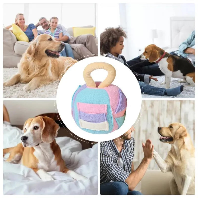 Green and pink dog plush ball squeaky toy with treat pockets for small to medium dogs.