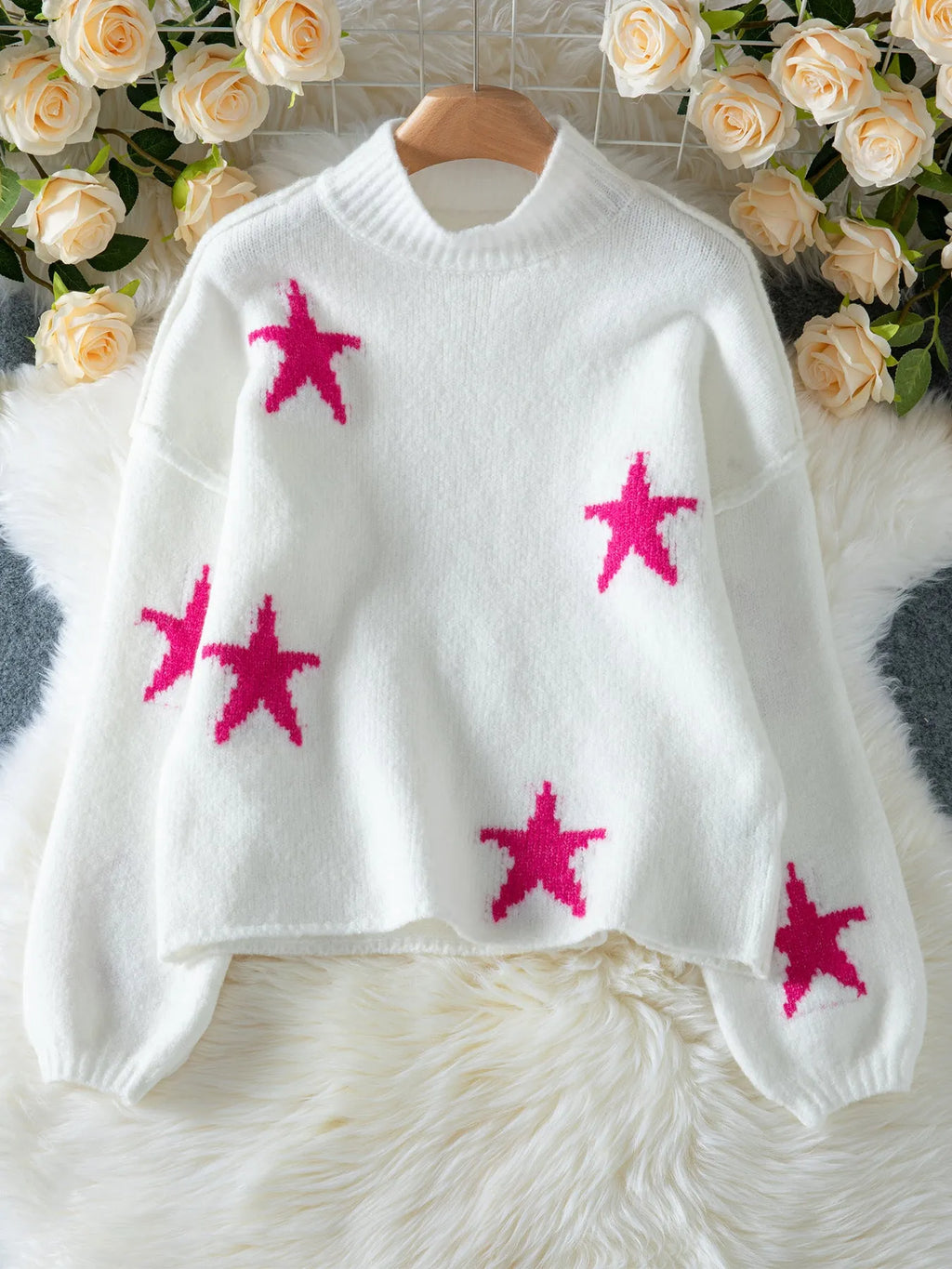 White women's turtleneck pullover sweater with five-pointed star pattern and loose fit