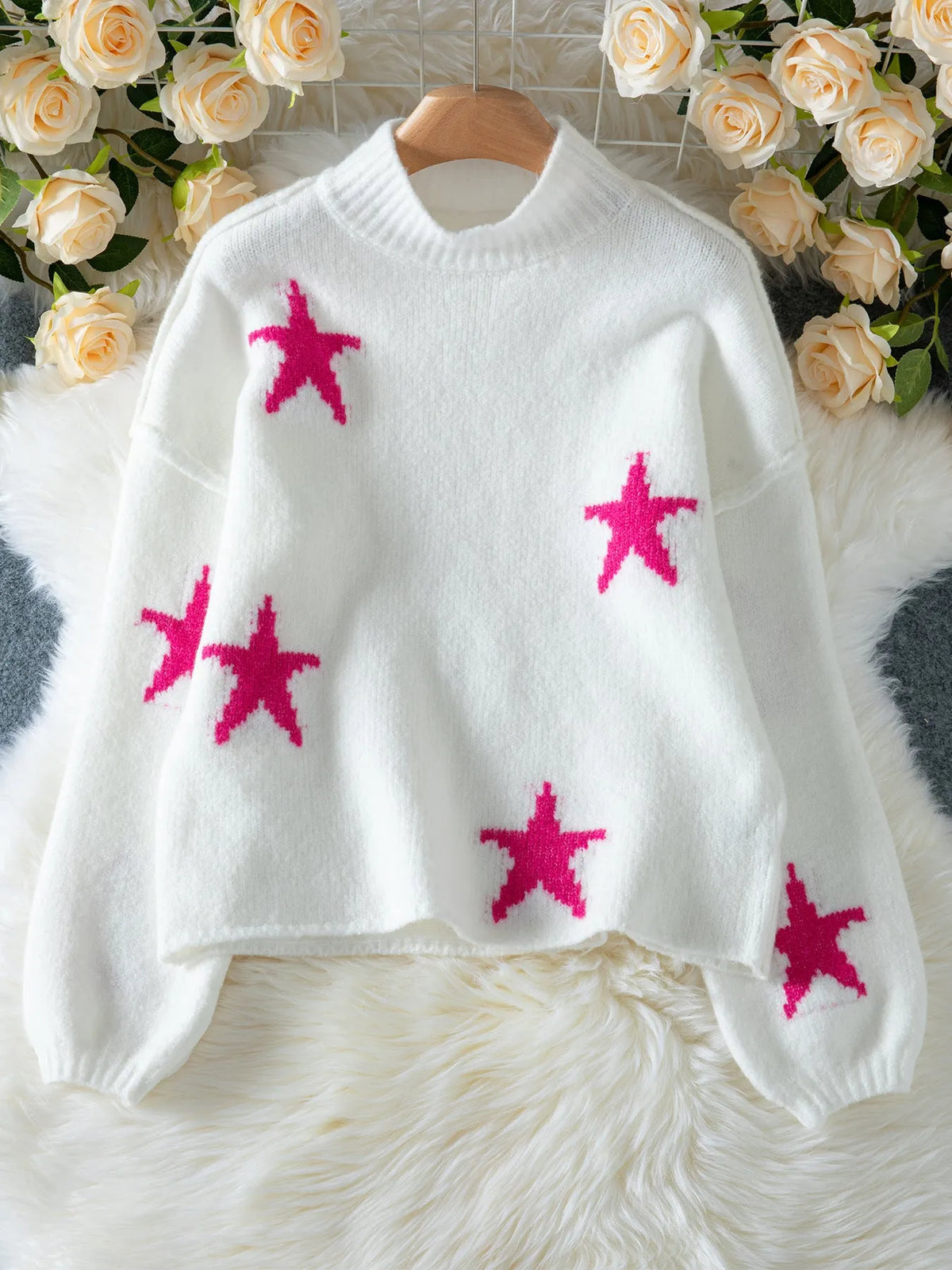 White women's turtleneck pullover sweater with five-pointed star pattern and loose fit