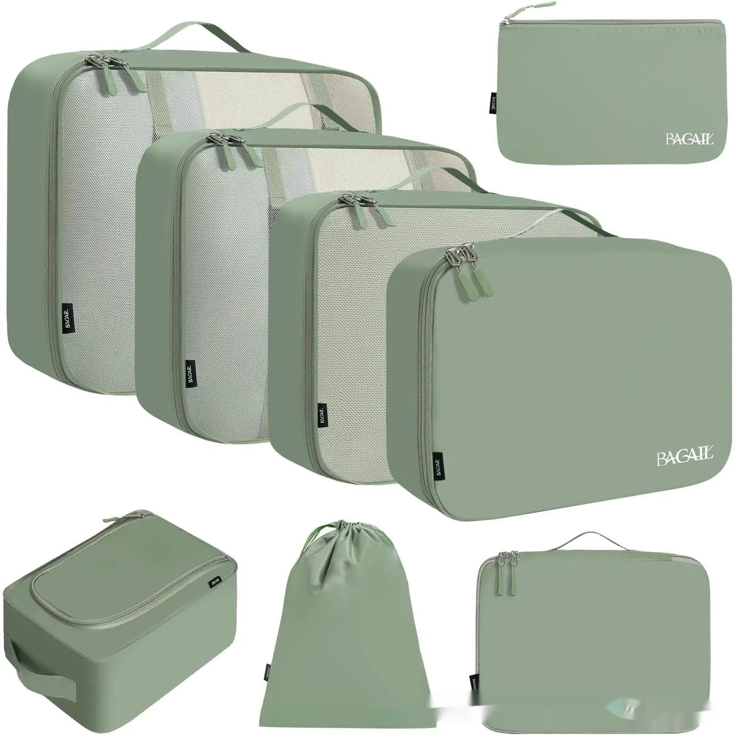 Cubic eight-piece travel packing set showing compression bags in various colours including beige, black, and pink leopard print
