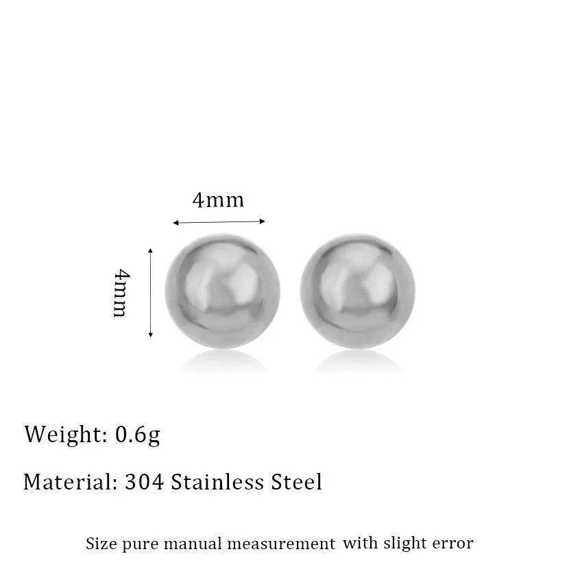 Minimalist 18K gold plated titanium steel ball stud earrings in 3mm, 4mm, 5mm, and 6mm sizes for women.