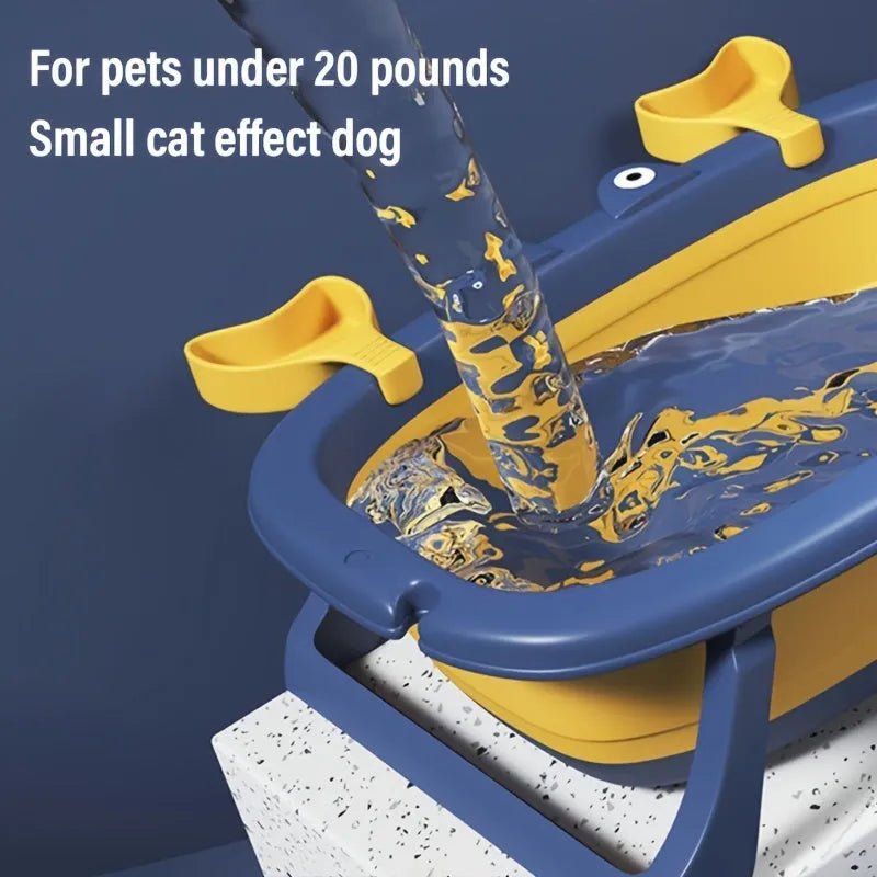 Foldable blue portable plastic pet tub for washing a small dog or cat