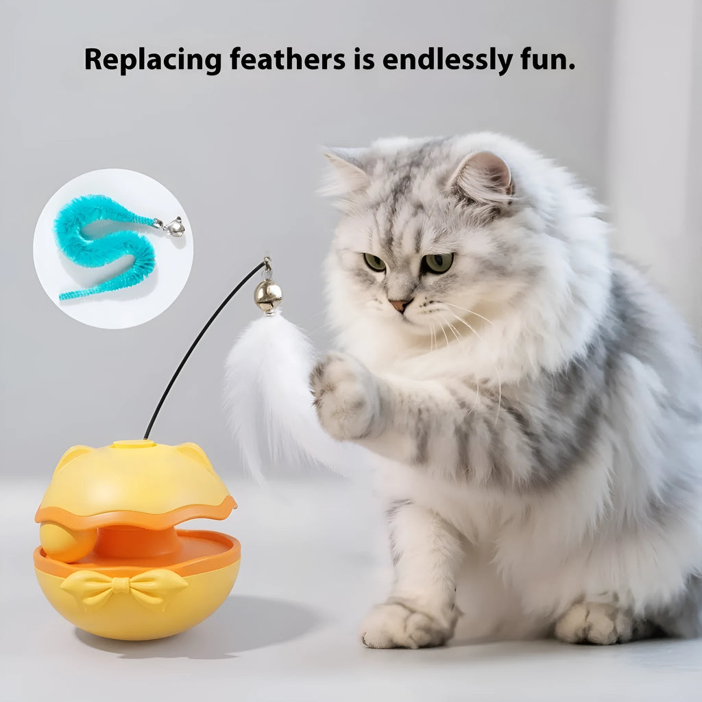 Electric self-righting cat tumbler toy in lemon yellow, sky blue, and soft fog grey colour options.