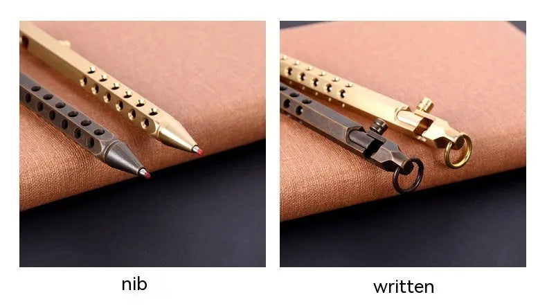 Solid brass hexagonal bolt roller pen showing its 6-angle design and 13cm length.