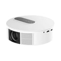 White HD home theatre projector with remote control on dark background