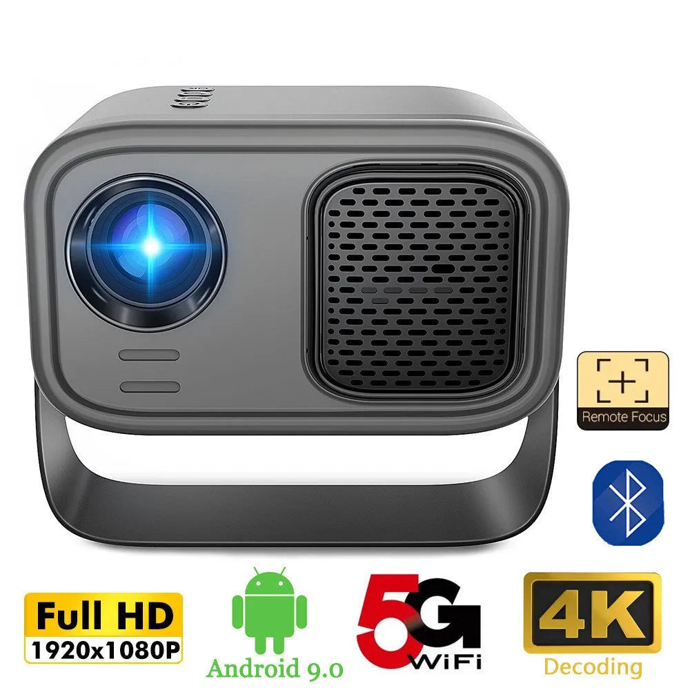 Black portable HD projector with Android interface and remote control on desk