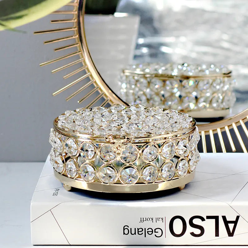 French gold metal jewelry box with crystal glass panels in European style design