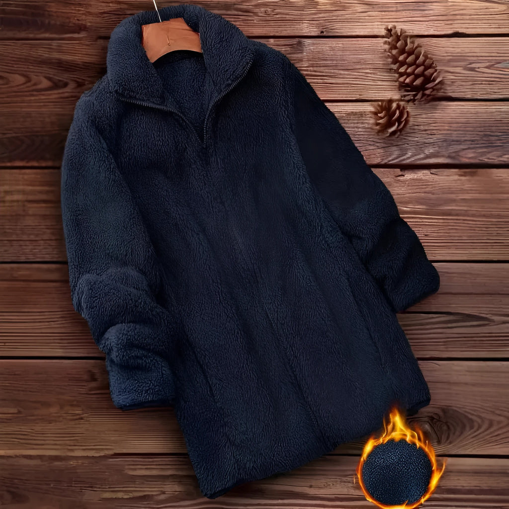 Double-sided velvet fleece jacket in black, navy, or khaki on a hanger