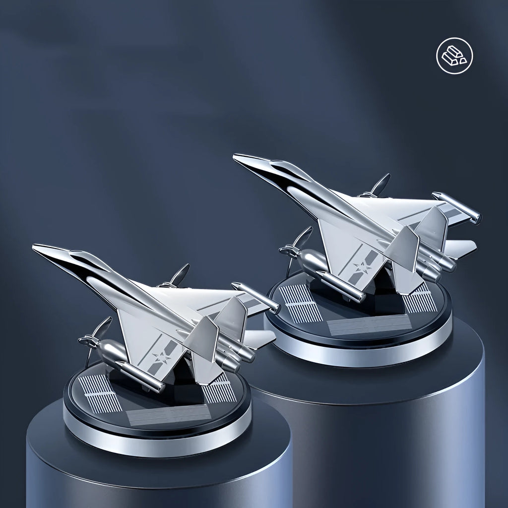 Solar powered rotating fighter-shaped perfume ornament in metallic colour with aluminium alloy base