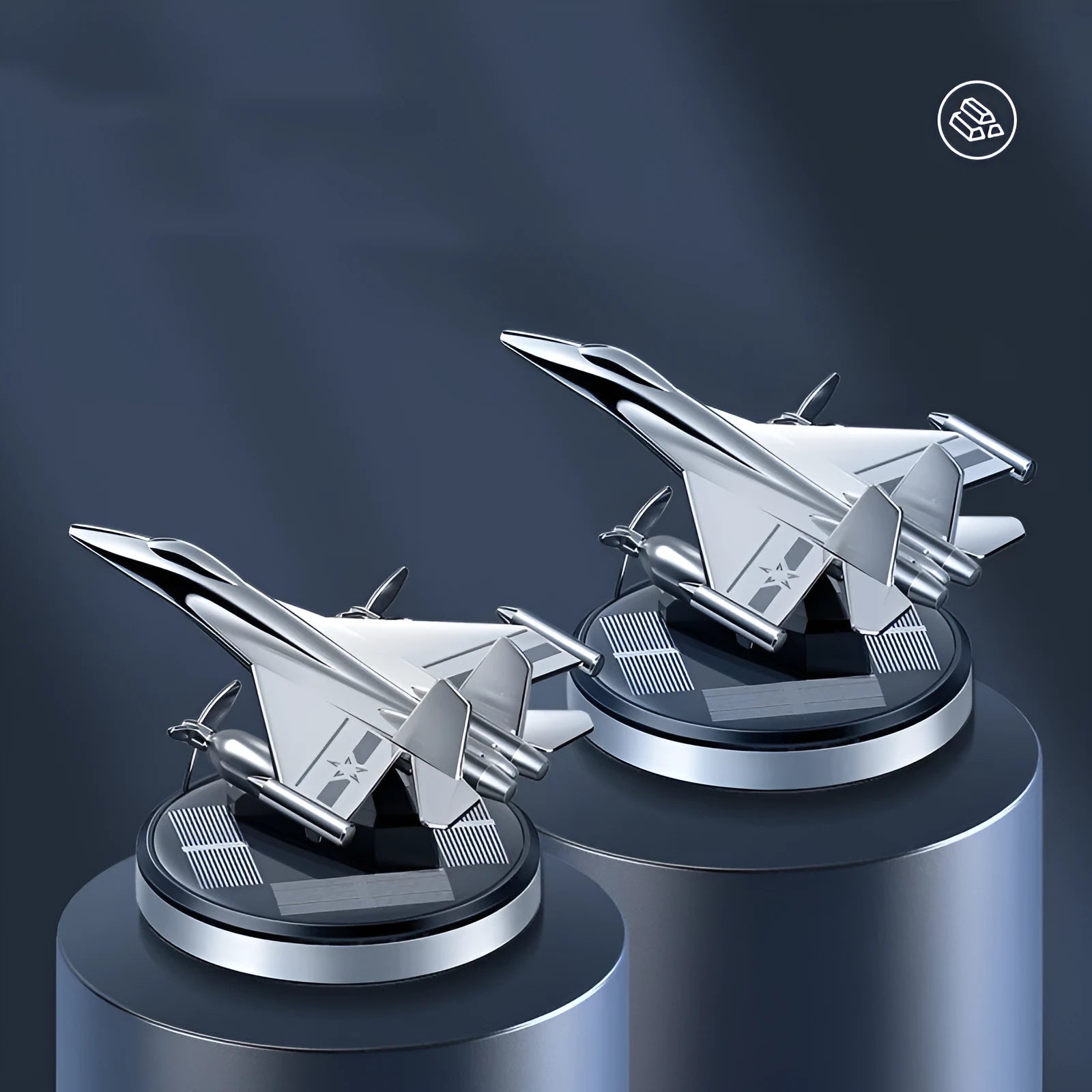 Solar powered rotating fighter-shaped perfume ornament in metallic colour with aluminium alloy base
