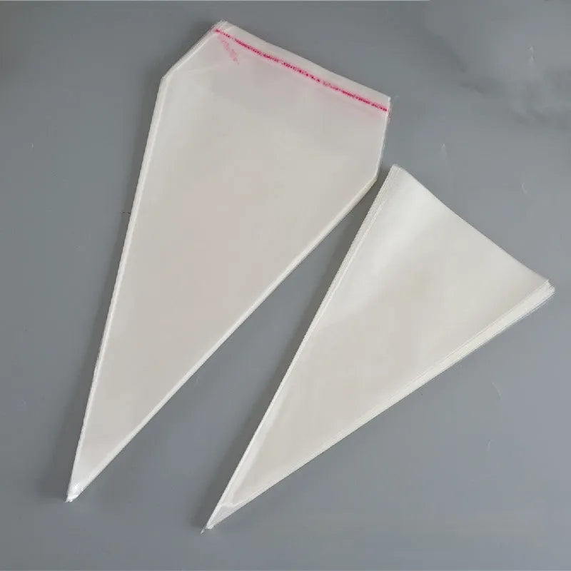 Transparent triangle-shaped plastic packaging bag with a twisted wire tie closure.