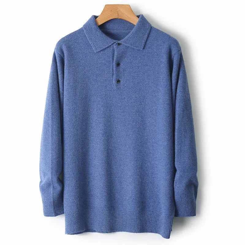Men's grey woolen pullover sweater with a polo collar and long sleeves on a hanger