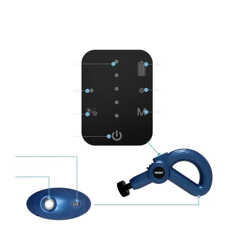 Black smart muscle massage gun with five attached massage heads on a table.